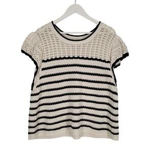 Gap Crochet Knit Sweater Top Womens XXL Cream Navy Striped Ruffle Sleeve Boho